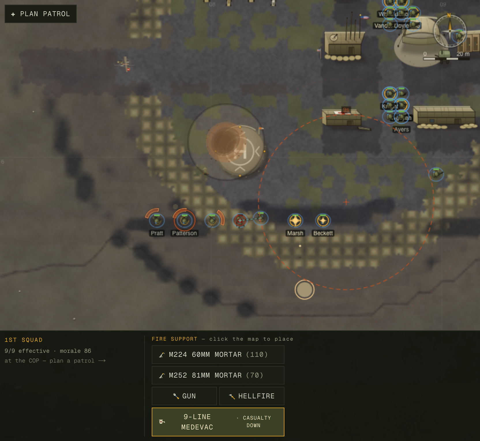 Combat overview with new fire-mission reticles and suppression cues