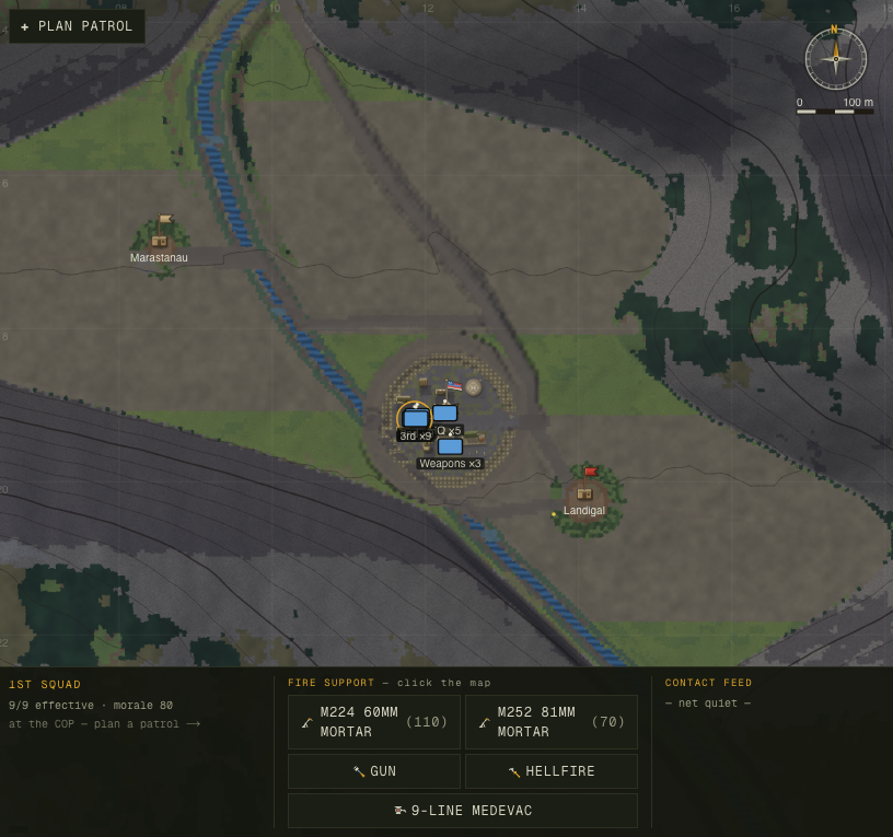 The outpost at default zoom showing figure scale
