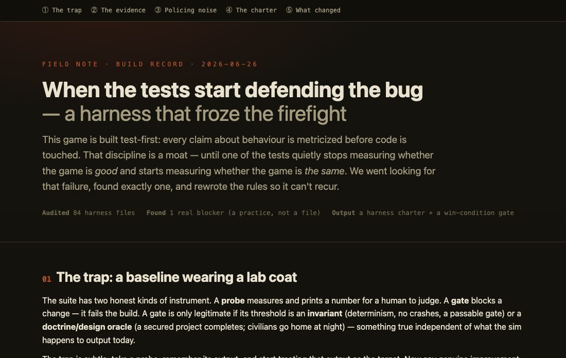 The harness charter report — 'When the tests start defending the bug'