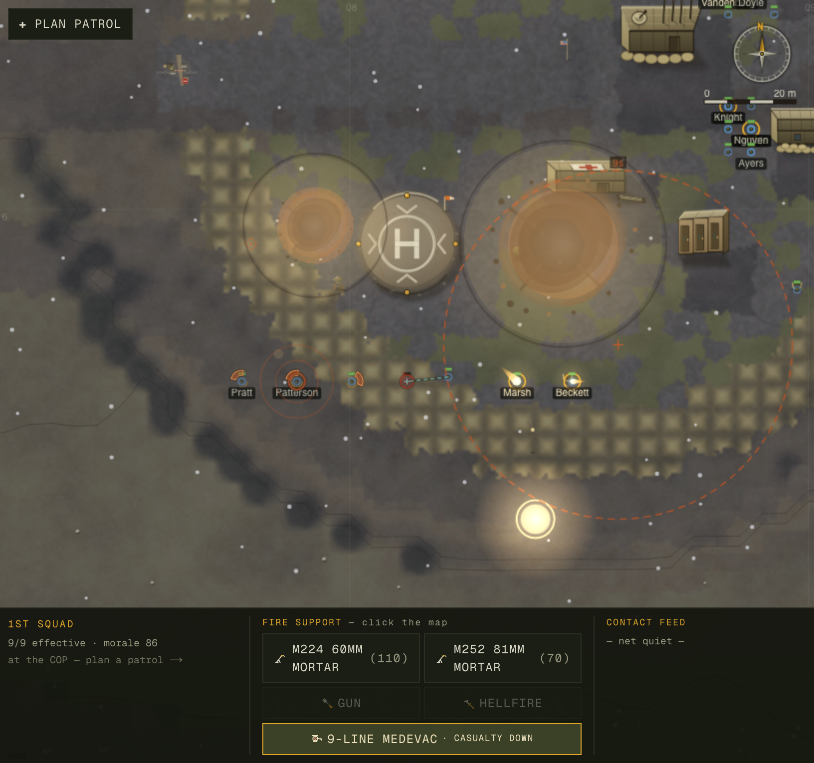 Daytime combat tableau showing the combat visual language