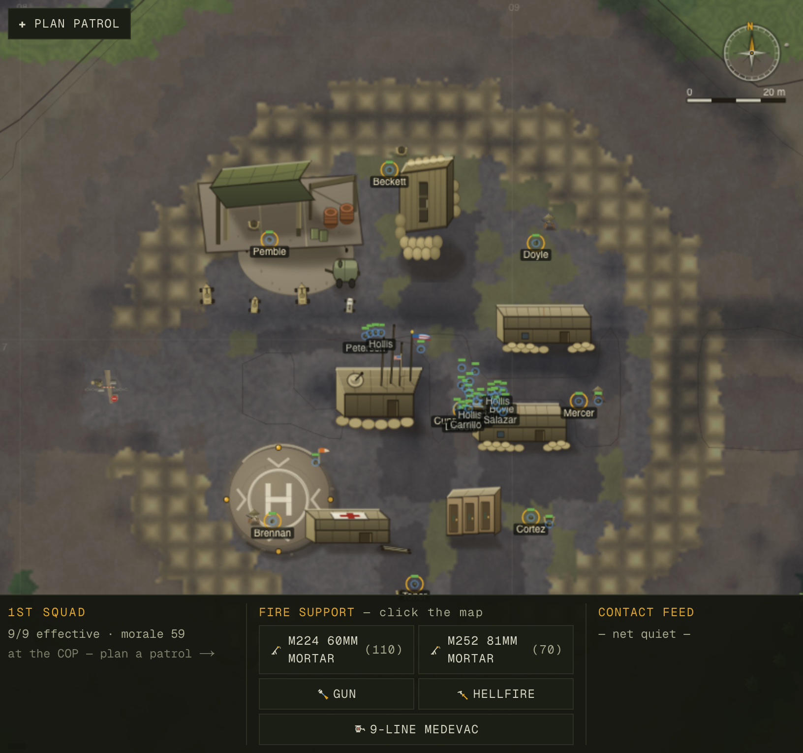 The COP before the overhaul — a cluster of buildings on a tan patch
