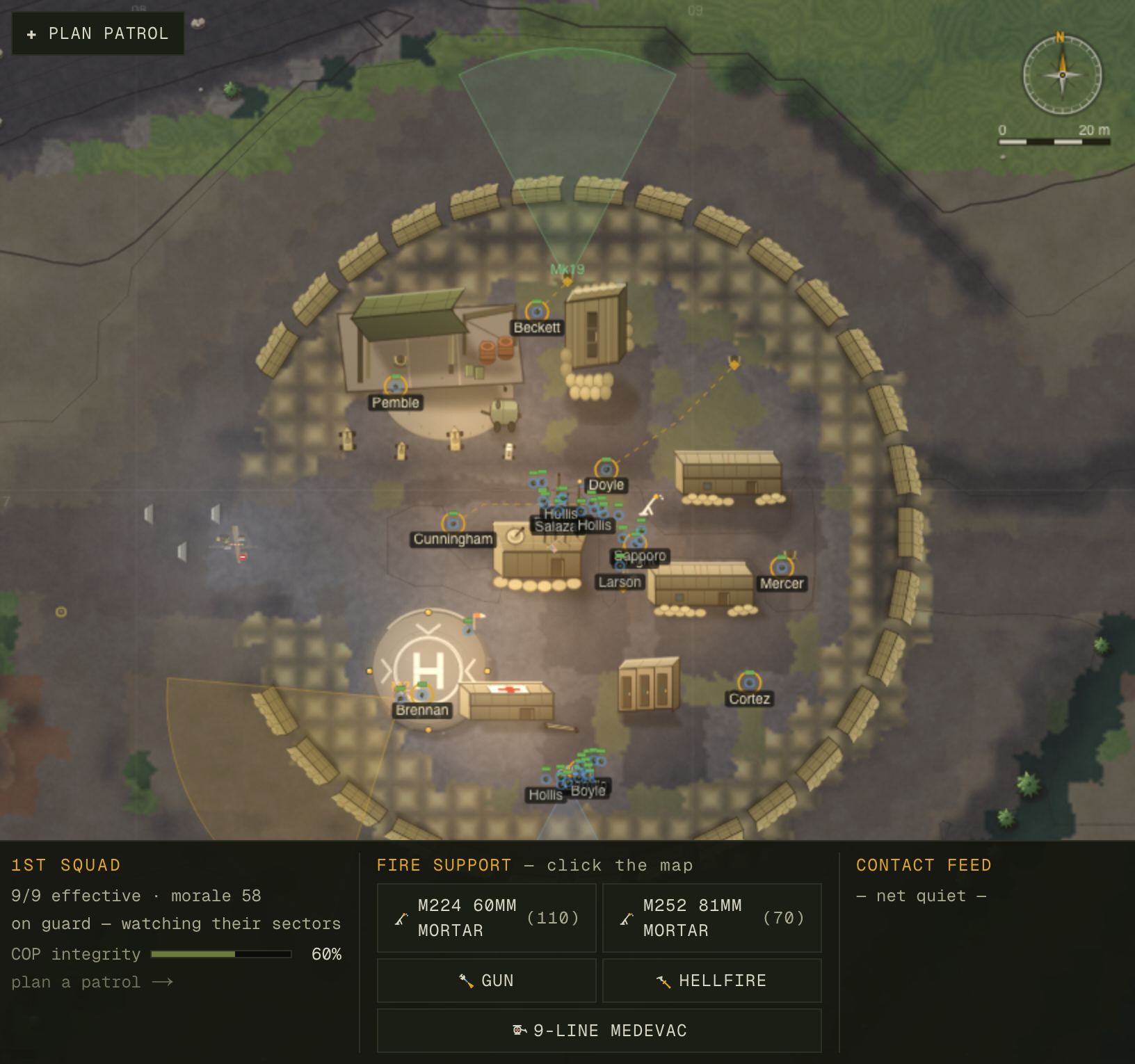 The squad readout showing the garrison activity and COP integrity bar