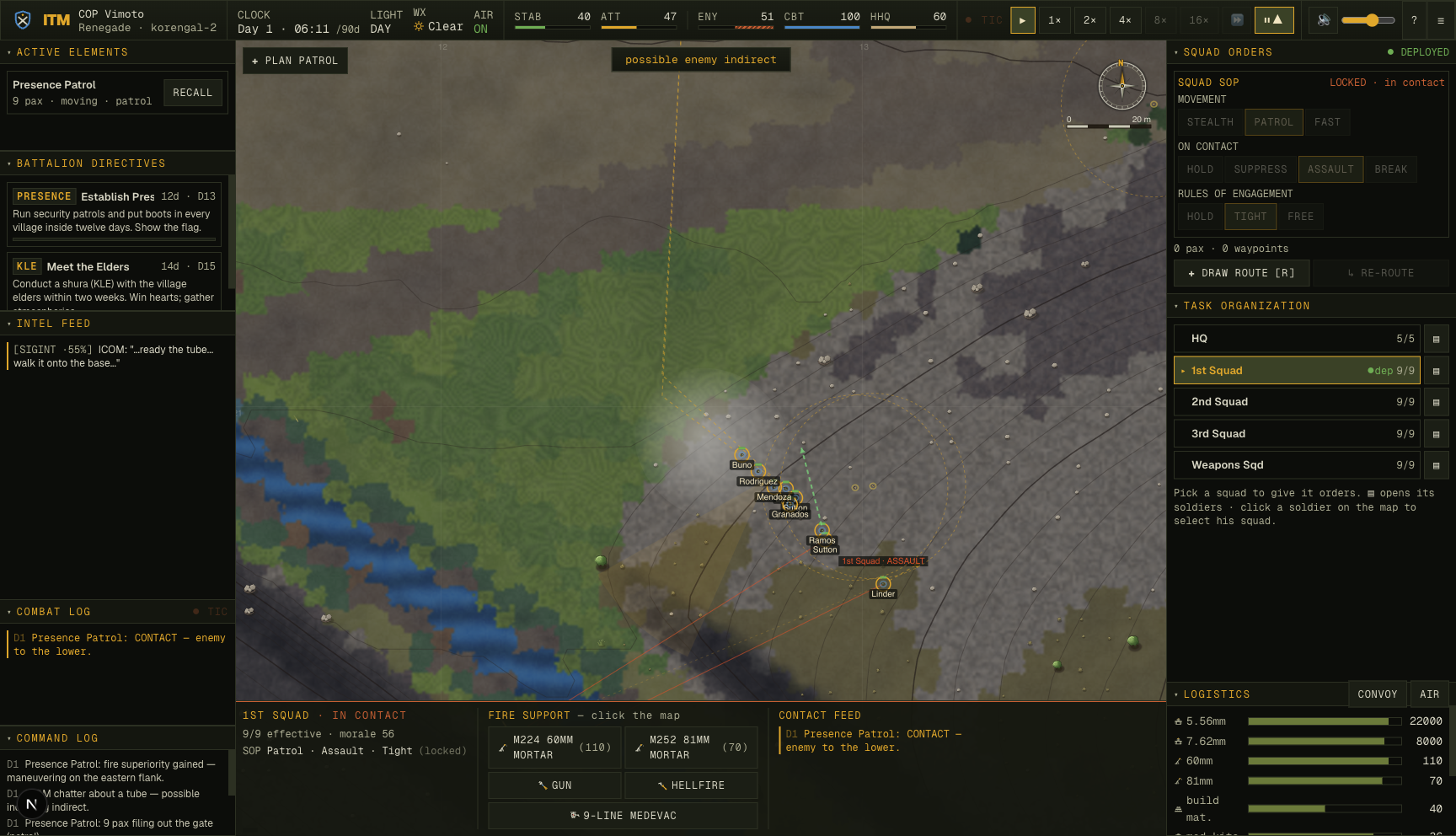 A live firefight: the squad split into a base of fire and a flanking maneuver element