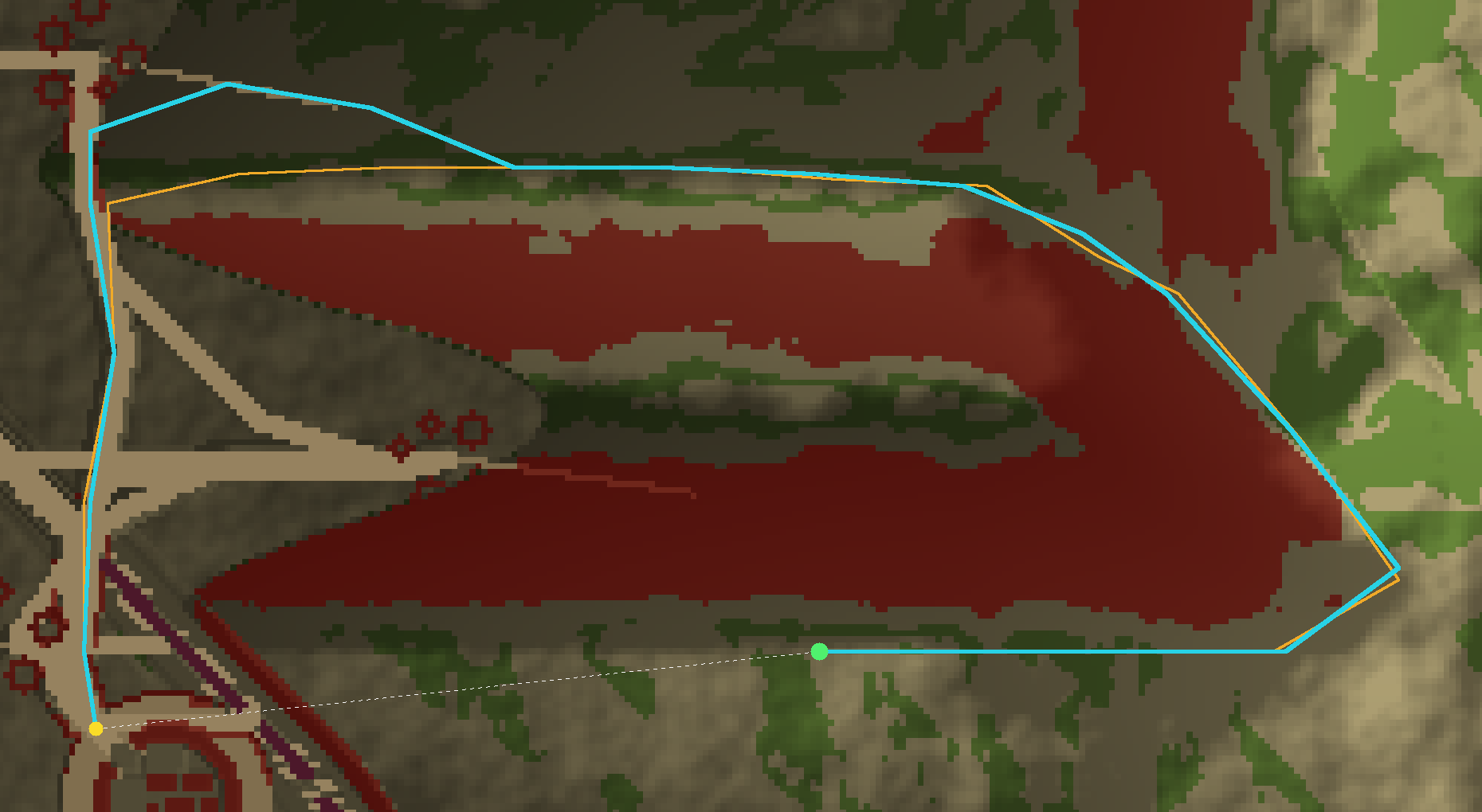 An OP route looping around a large impassable cliff massif