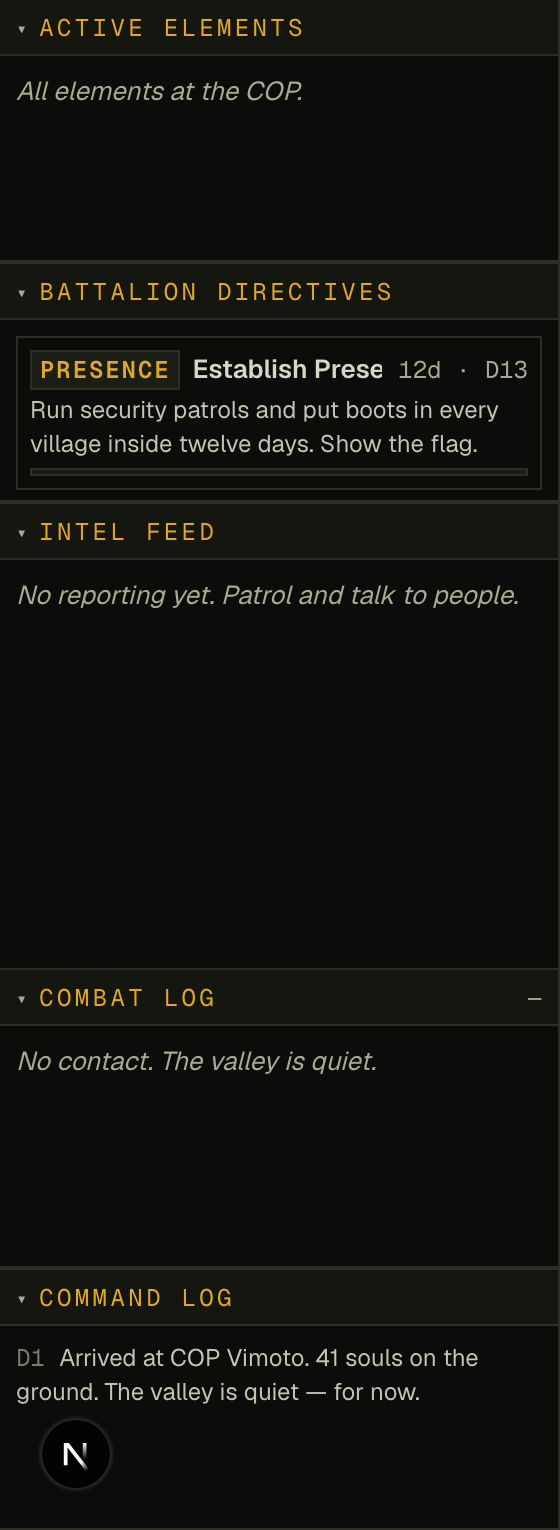 The left intel and log column with brighter narrative text