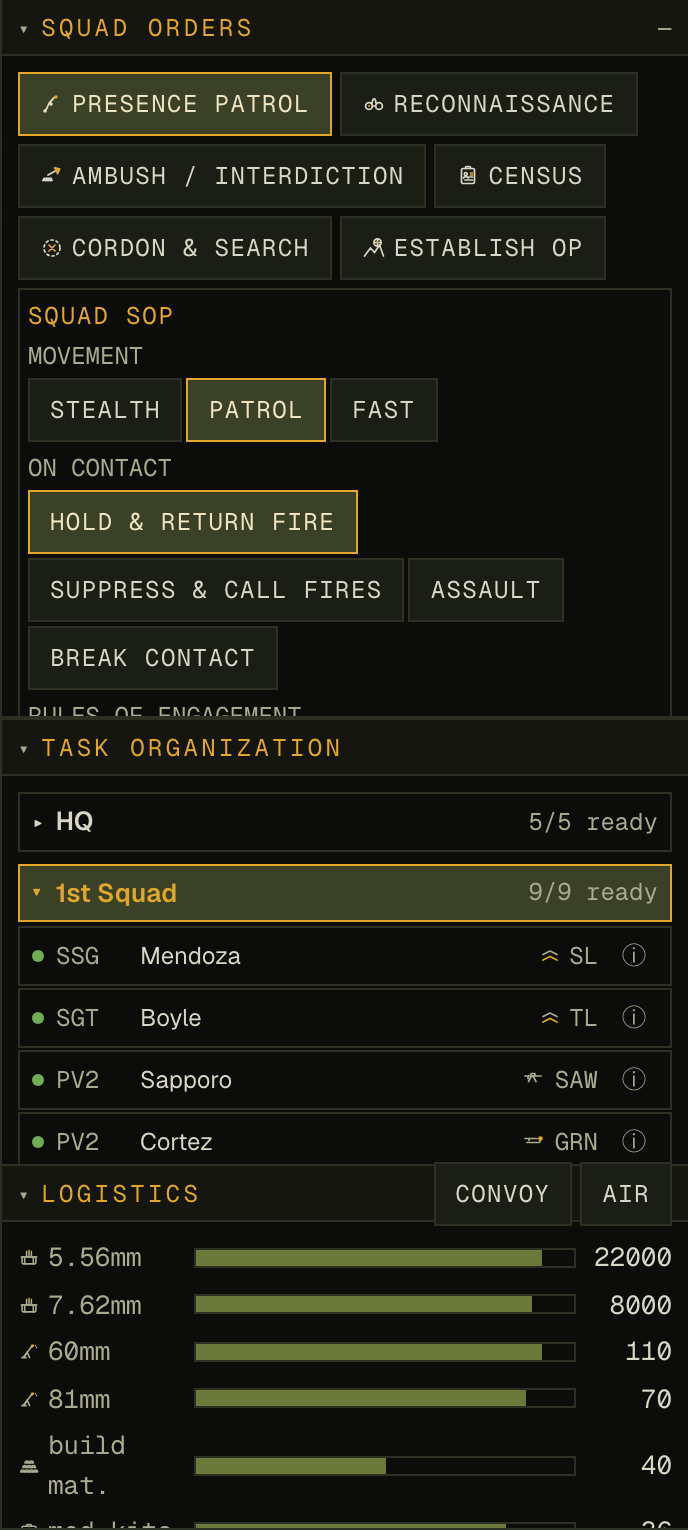 The right command column: collapsible squads and tooltips